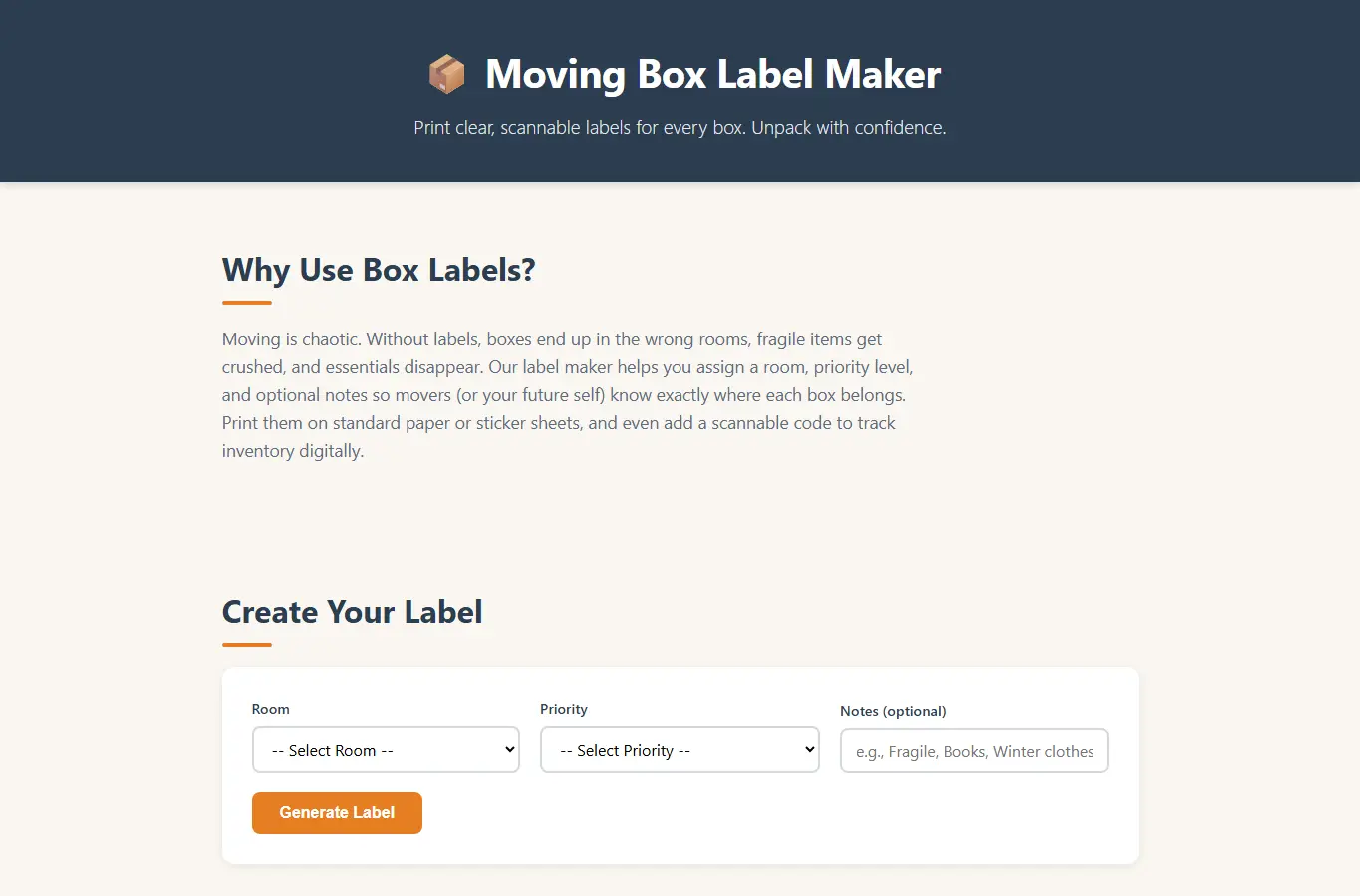 Screenshot of Moving Box Label Maker interface showing the project page in use
